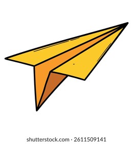 Hand drawn cartoon yellow paper airplane isolated on white background. Vector illustration.