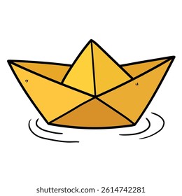 Hand drawn cartoon yellow paper boat origami isolated on white background. Vector illustration.