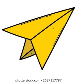 Hand drawn cartoon yellow paper airplane isolated on white background. Vector illustration.