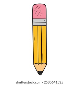 Hand drawn cartoon yellow pencil with eraser isolated on white background. Vector illustration.