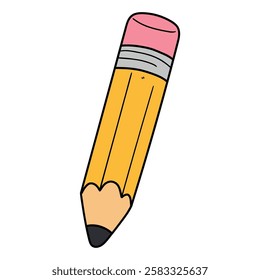 Hand drawn cartoon yellow pencil with eraser isolated on white background. Vector illustration.