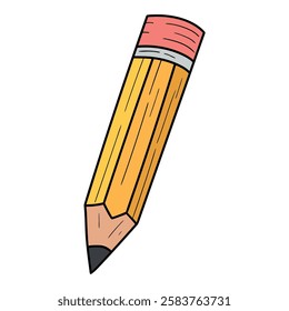 Hand drawn cartoon yellow pencil with eraser isolated on white background. Vector illustration.