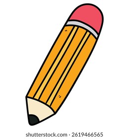 Hand drawn cartoon yellow pencil with eraser isolated on white background. Vector illustration.