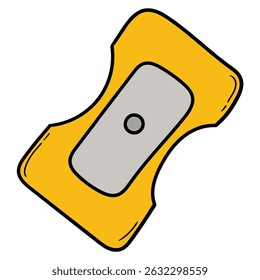 Afiador de lápis amarelo desenhado à mão isolado no fundo branco. Ilustração vetorial.
