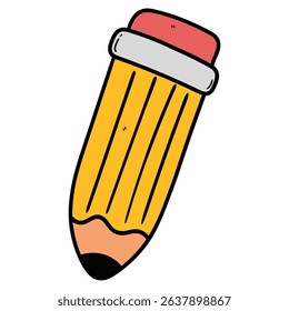 Hand drawn cartoon yellow pencil with eraser isolated on white background. Vector illustration.