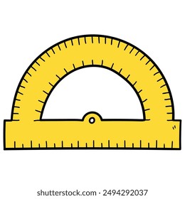 Hand drawn cartoon yellow protractor isolated on a white background. Vector illustration.