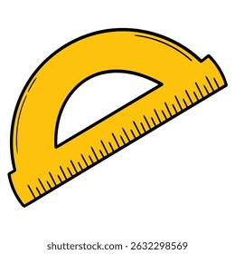 Dibujado a mano de dibujos animados de Regla de transportador amarillo aislado sobre fondo blanco. Ilustración vectorial.