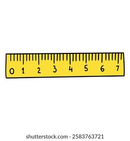 Hand drawn cartoon yellow ruler isolated on white background. Vector illustration.