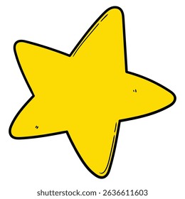 Hand drawn cartoon yellow star isolated on white background. Vector illustration.