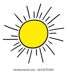 Hand drawn cartoon yellow sun isolated on white background. Vector illustration.
