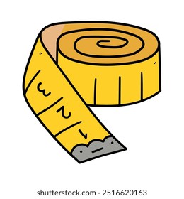 Hand drawn cartoon yellow tape measure isolated on a white background. Vector illustration.