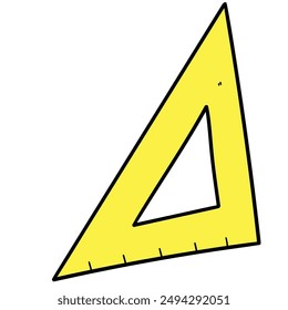 Hand drawn cartoon yellow triangular ruler isolated on white background. Vector illustration.