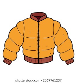 Hand drawn cartoon yellow warm winter jacket isolated on white background. Vector illustration.