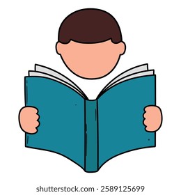 Hand drawn cartoon young man reading book isolated on white background. Vector illustration.