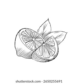Hand drawn cartoon-style lemon leaves and blooming flower vector illustration. Drawing for nature-themed products, skincare packaging or botanical branding