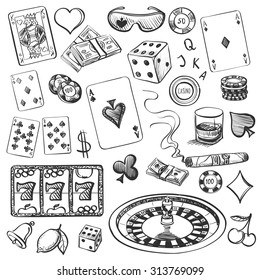 Hand drawn Casino Collection illustration with roulette, cards, cigar, whiskey, casino chip, jdice, money