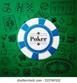 Hand drawn Casino Collection such as roulette, cards, cigar, whiskey with single blue casino chip