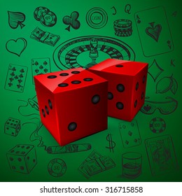 Hand drawn Casino icons set with dice game and with a hand of aces playing cards, dice, roulette board, casino chips or tokens and lucky number 777