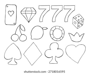 Objetos de casino dibujados a mano en estilo doodle.