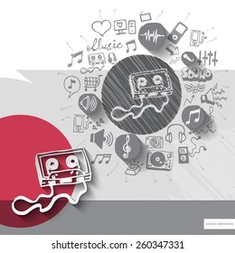 Hand drawn cassette icons with icons background. Vector illustration