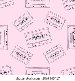 Hand drawn cassette and mixtape seamless pattern, black and pink cartoon doodle background for music technology or audio equipment concept.