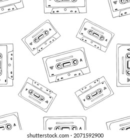 Hand drawn cassette and mixtape seamless pattern, black and white cartoon doodle background for music technology or audio equipment concept.