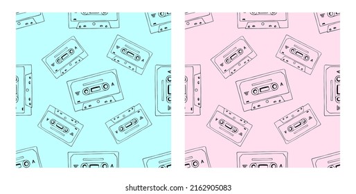 Hand drawn cassette and mixtape seamless pattern, blue and pink cartoon doodle background set for music technology or audio equipment