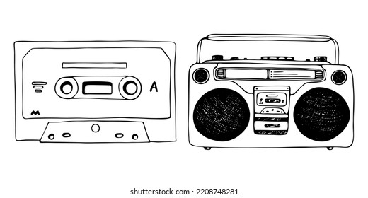 Hand drawn cassette, mixtape and vintage retro record player ink illustration, black and white cartoon doodle for music technology or audio equipment