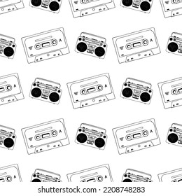 Handgezeichnete Kassette, Mixtape und Vintage-Retro-Player nahtloses Muster, schwarz-weißer Cartoon-doodle Hintergrund für Musiktechnologie oder Audioausrüstung