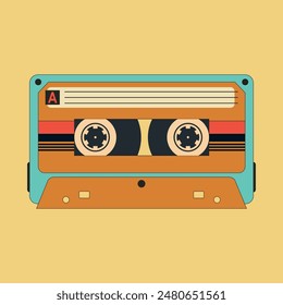 Hand drawn cassette with outline in retro colours. Vintage isolated vector illustration. Magnetic audio tape