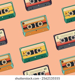 Hand drawn cassette with outline in retro colours. Vintage seamless pattern. Magnetic audio tape background. Retro tech nostalgia wallpaper. 90s 80s design