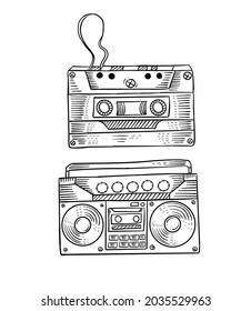 hand drawn cassette and tape radio line art engraving style