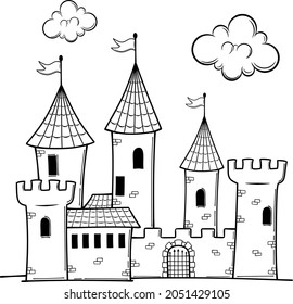 Hand drawn castle coloring page for kids