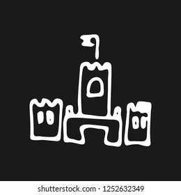 Hand drawn castle doodle. Sketch children's toy icon. Decoration element. Isolated on black background. Vector illustration.