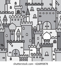 Hand drawn castle doodle tower grey vector pattern