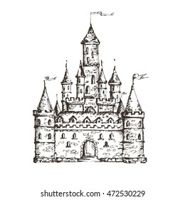 Hand drawn castle, isolated on the white background. Vector illustration.