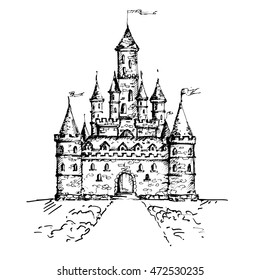 Hand Drawn Castle, Isolated On The White Background. Vector Illustration.