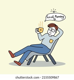 Hand drawn casual cute guy drinking coffee for good morning concept