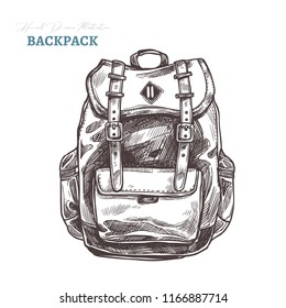 Hand drawn casual fashion backpack. Isolated vector illustration in sketch engraving style. Hipster bag