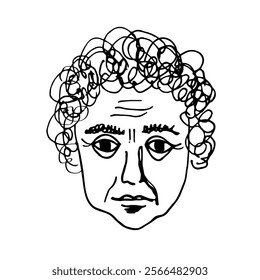 Hand drawn casual sketch of an adult man with curly hair on an isolated background. Vector illustration portrait of abstract person in grange style. Emotions and Lifestyle, calm face, character