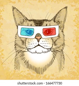 Hand Drawn Cat with 3d Glasses. Vector illustration, eps10.