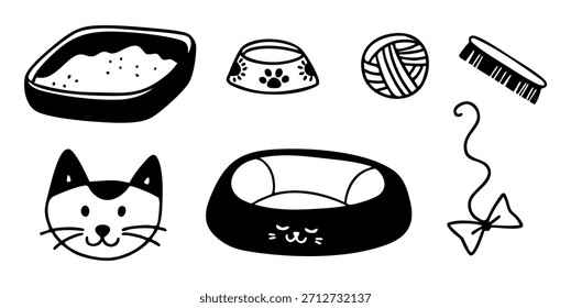 Accesorios de gato dibujados a mano en estilo doodle de contorno. Vector colección de ilustraciones de cuidado de mascotas. 