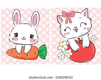 Hand Drawn cat with apple with flowers and Rabbit with a carrot  Cute Bunny illustration. Print for children vector 