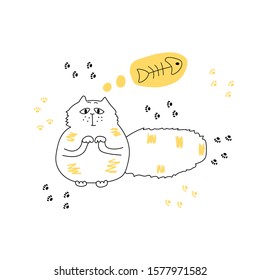 Hand drawn cat asking fish vector illustration.
