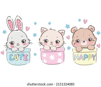 Hand Drawn Cat, Bear, Bunny Cute Animals Sitting In A Pocket Vector Sketch Print Design Children Print On Tshirt