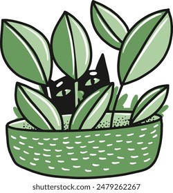 Gato dibujado a mano detrás de una planta de maceta