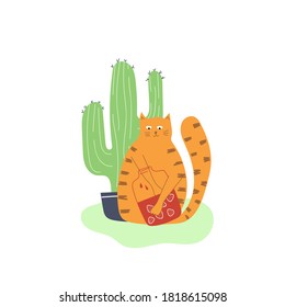 Hand drawn cat with big jar of strawberry jam and cactus. Flat illustration for nursery design.