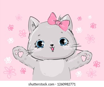 Hand drawn cat with a bow children's print. Vector illustration.