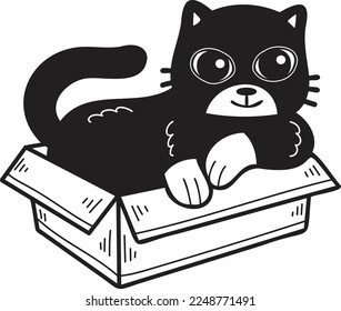 Dibujar el gato con mano en la ilustración de la caja en el estilo de doodle aislado en el fondo