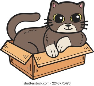 Hand Drawn cat in box illustration in doodle style isolated on background